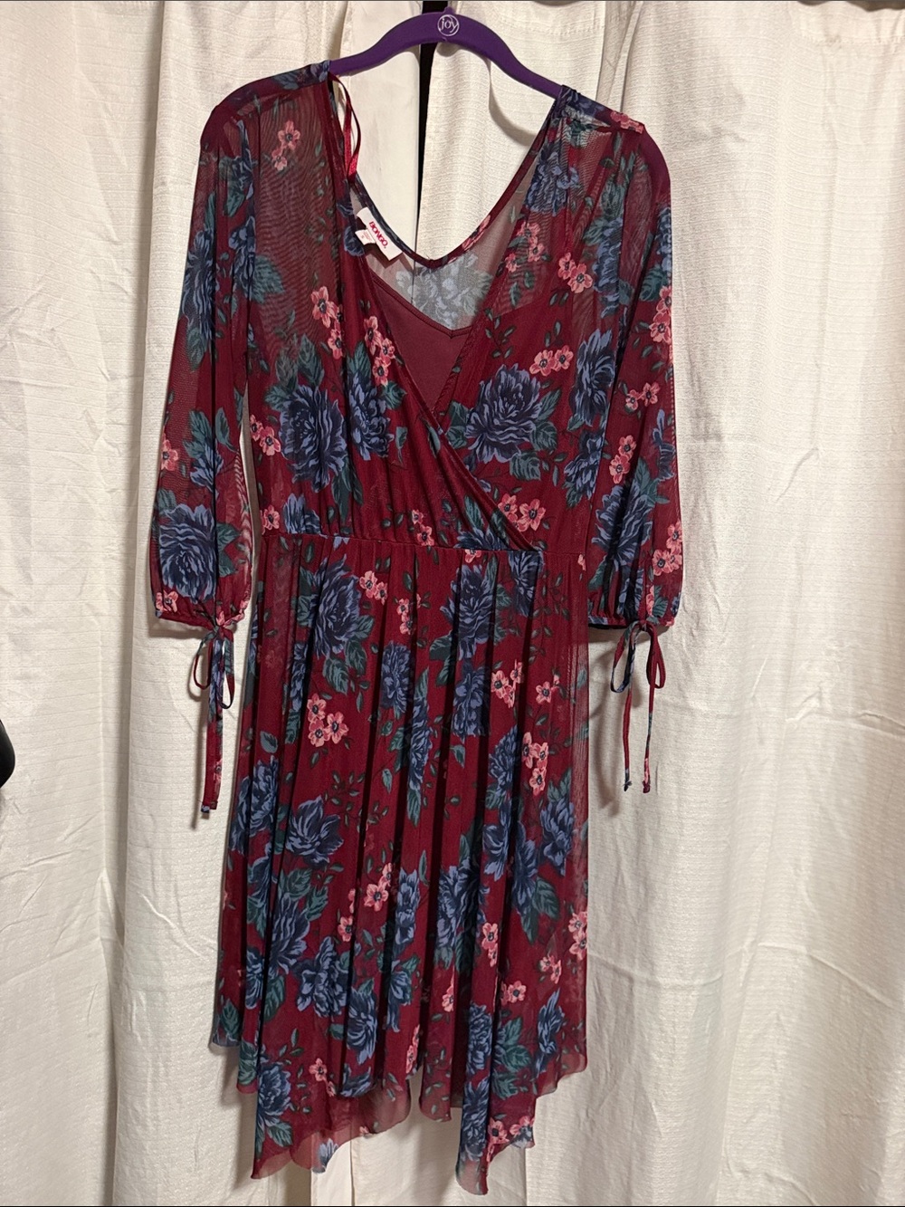 Floral Surplice Burgundy Dress with Blue Bloom Print